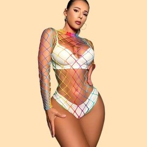 Sexy One-Piece Fishnet Bodysuits, Rainbow Color Long Sleeve Fishnet Body Suit.
